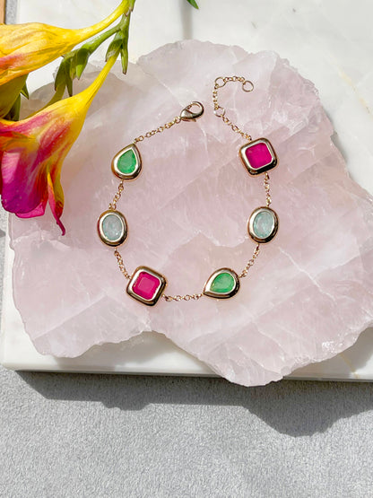 Drop, Square Oval Shapes Bracelet with Light Tourmaline, Fusion Emerald and Pink Tourmaline