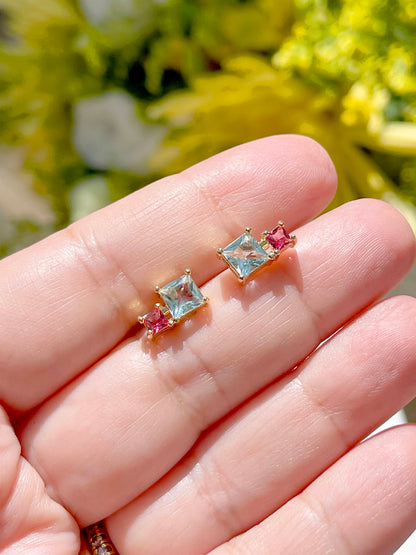 Double square of blue topaz and pink tourmaline