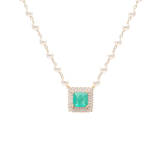 18K gold plated "frame" necklace with tourmaline fusion and pearls on the chain