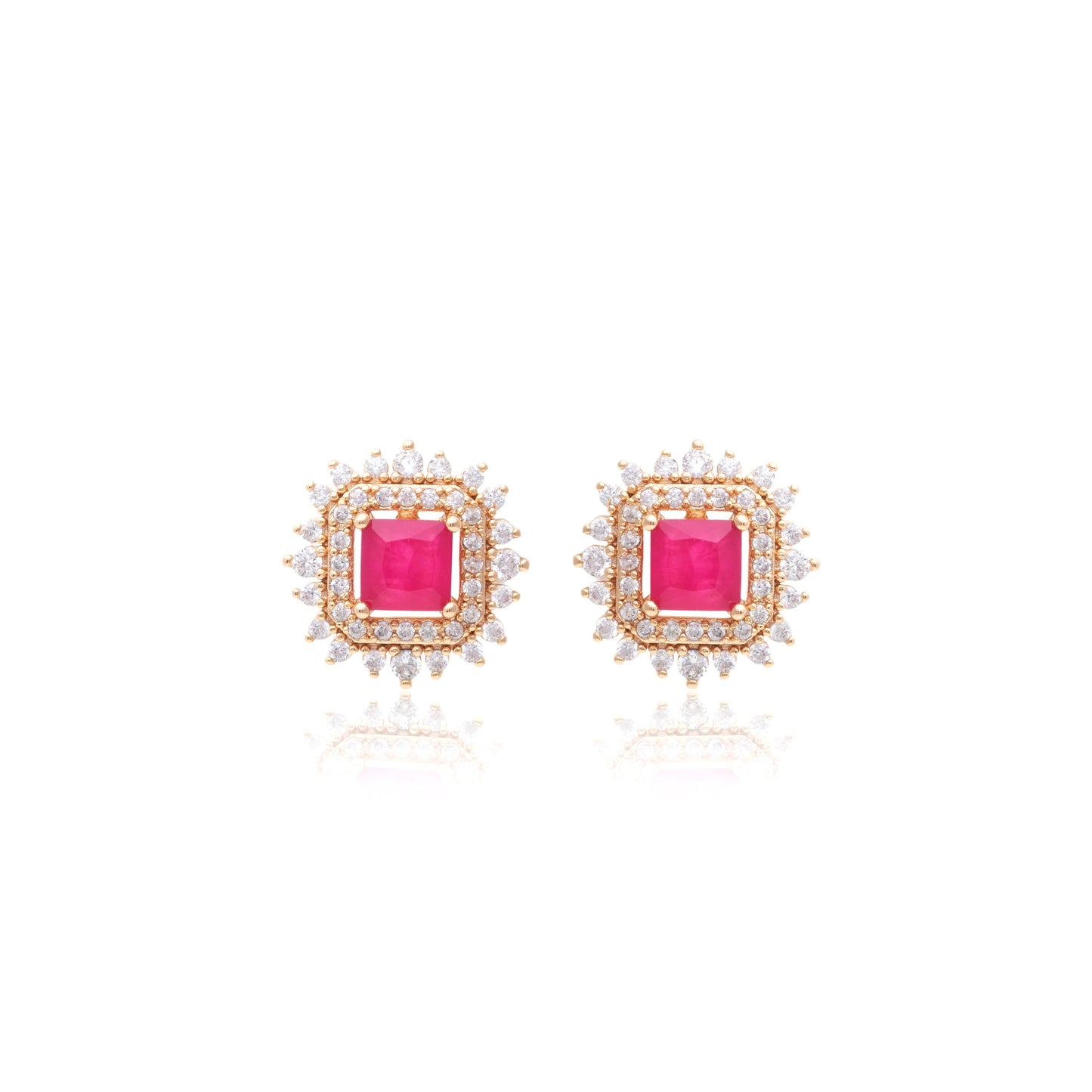 18K gold plated pink tourmaline fusion square earring with white CZ