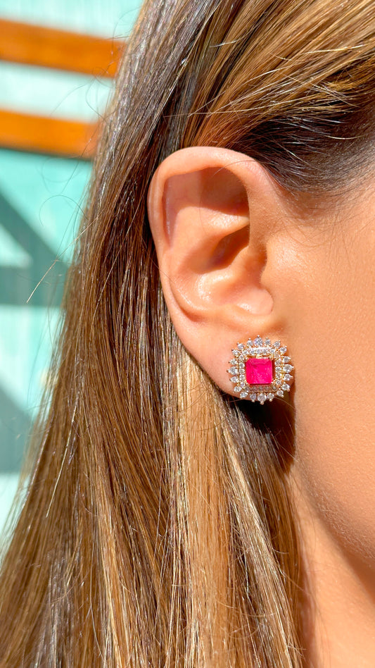 18K gold plated pink tourmaline fusion square earring with white CZ