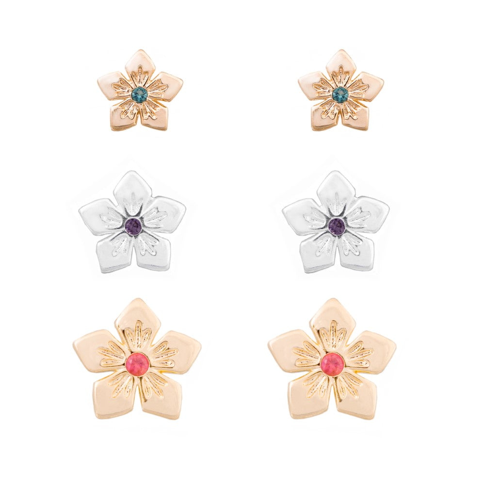 Flower Earrings with Red Zirconia at the Center