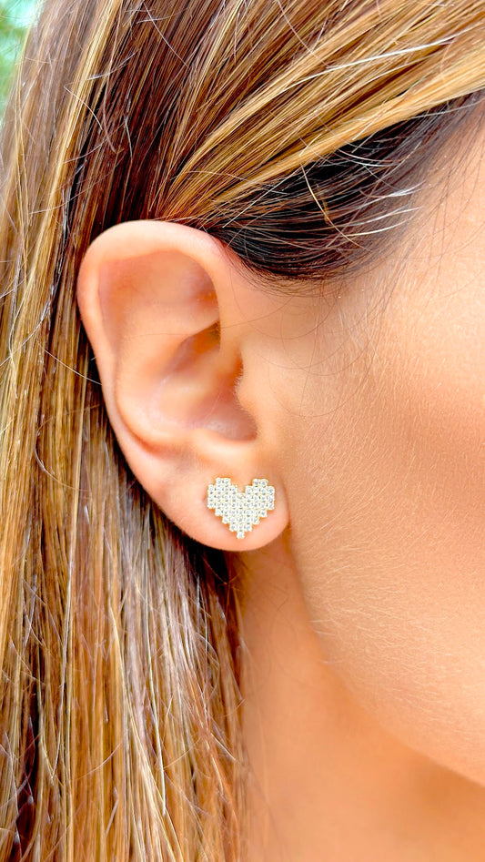 White Zirconia Pixel Heart Earrings