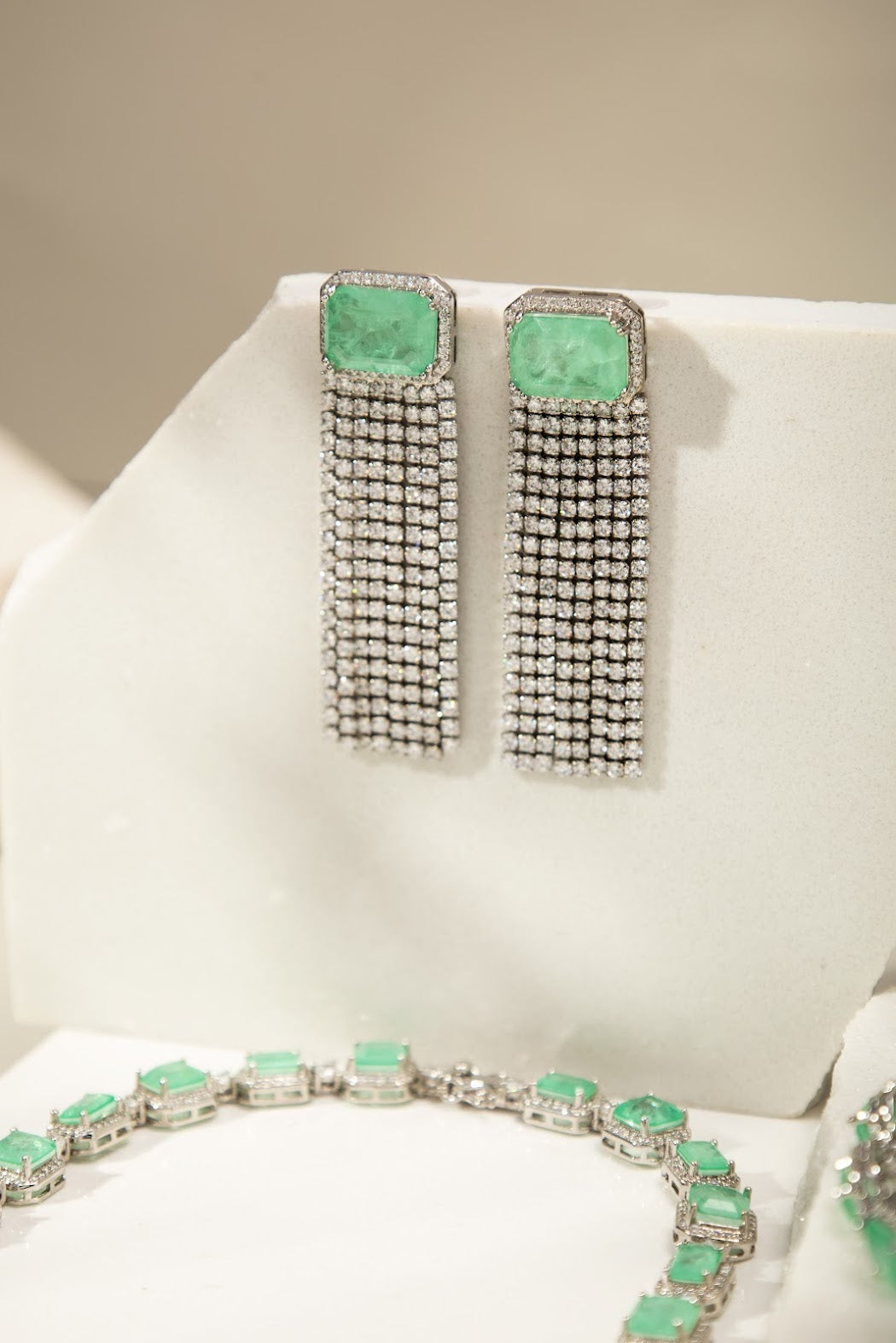 Colombian Emerald Rectangle and White Zirconia Curtains Earrings