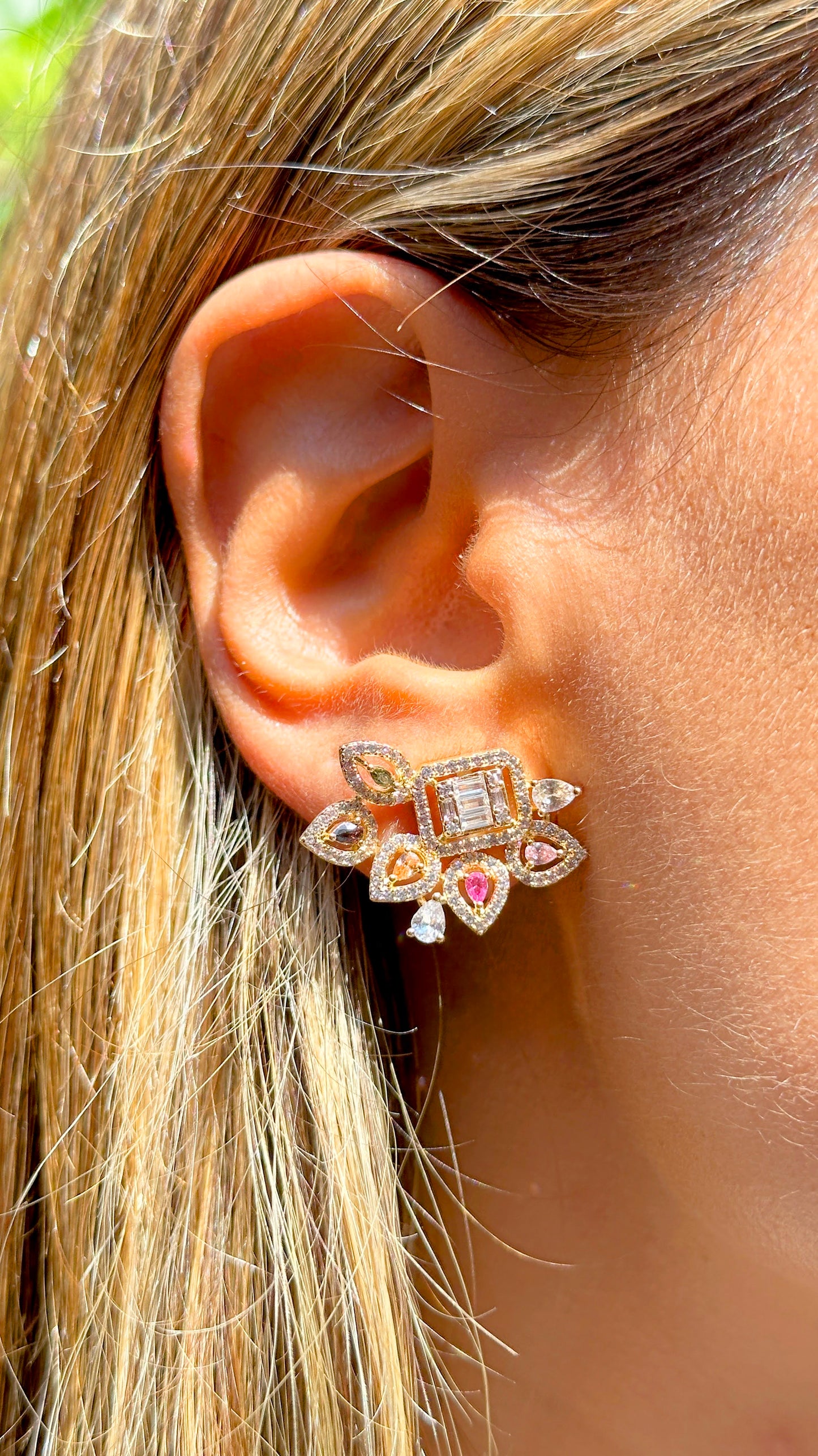 Pink Tourmaline Citrine Quartz Zirconia Shapes Earrings