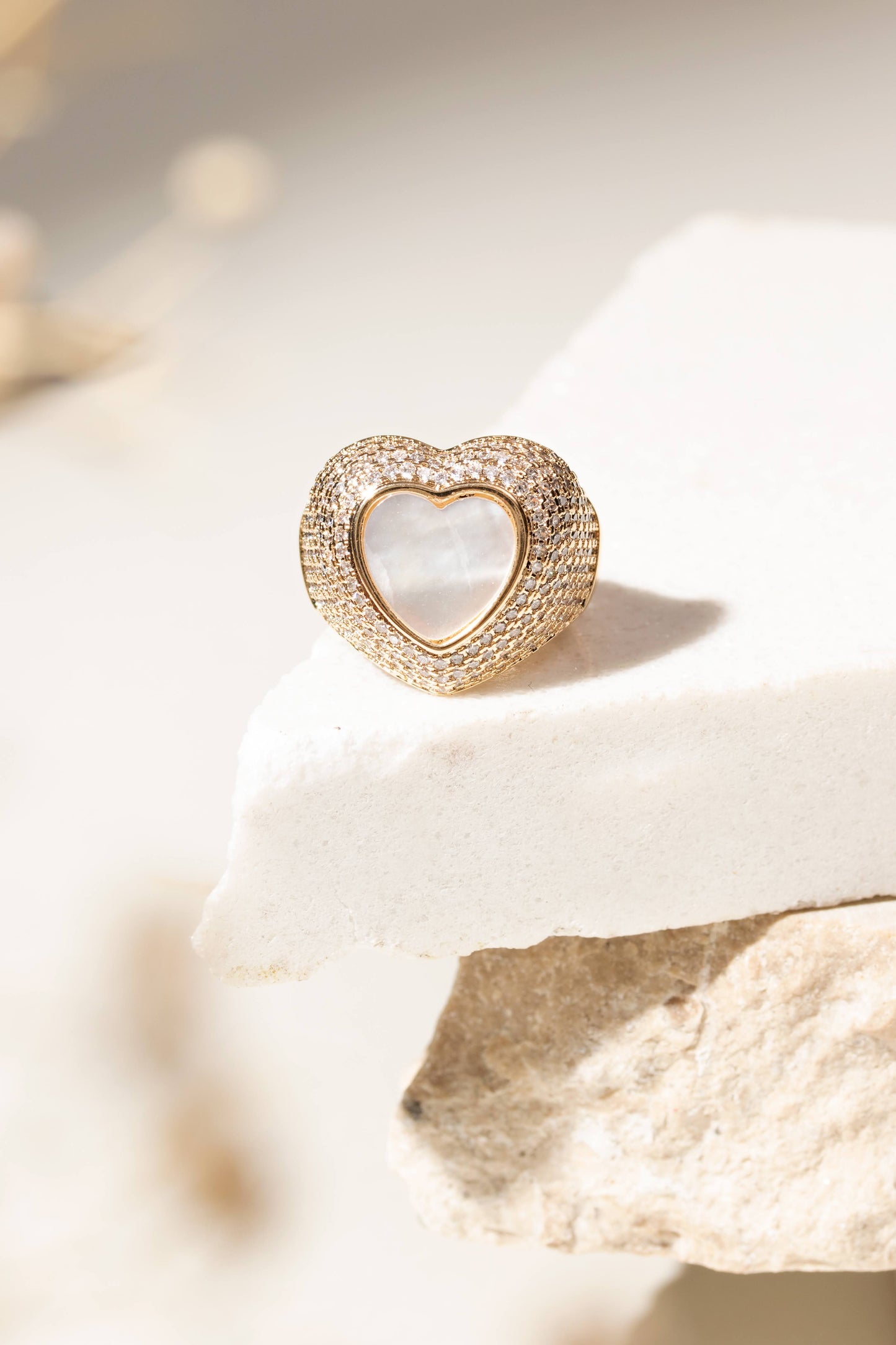 Heart Shape Ring with Mother of Pearl and White Zirconia Pinky