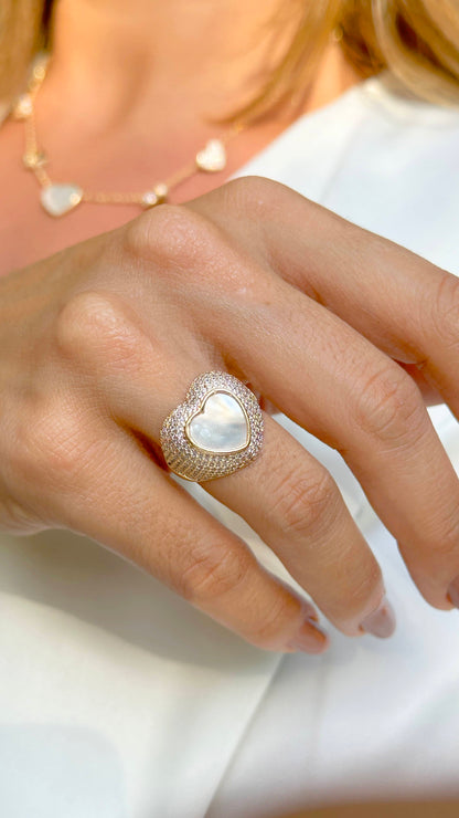 Heart Shape Ring with Mother of Pearl and White Zirconia Pinky