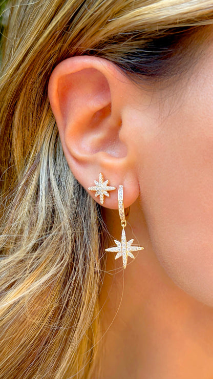 8 Point Star with White Zirconia Hoops Earrings