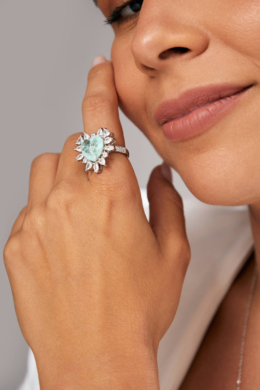 Fusion Colombian Emerald White Zirconia Heart Shapes Ring