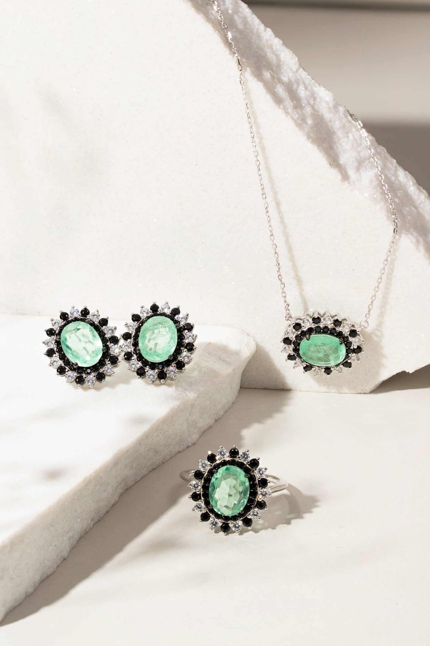 Colombian Emerald and Zirconia Dark and White Earrings