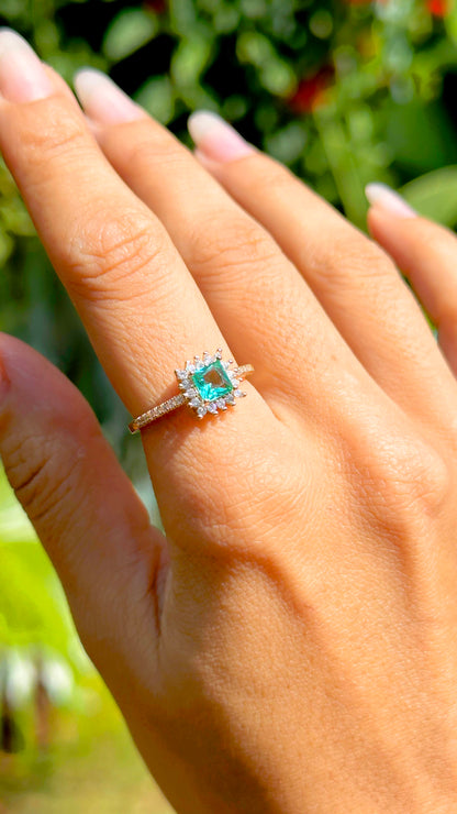 Paraiba Crystal Square and White Zirconia Ring