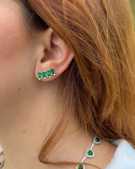 Green zirconia ear climber earrings in white rhodium plating