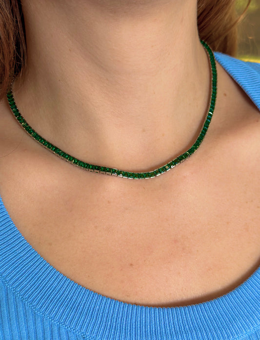 Green zirconia square tennis necklace