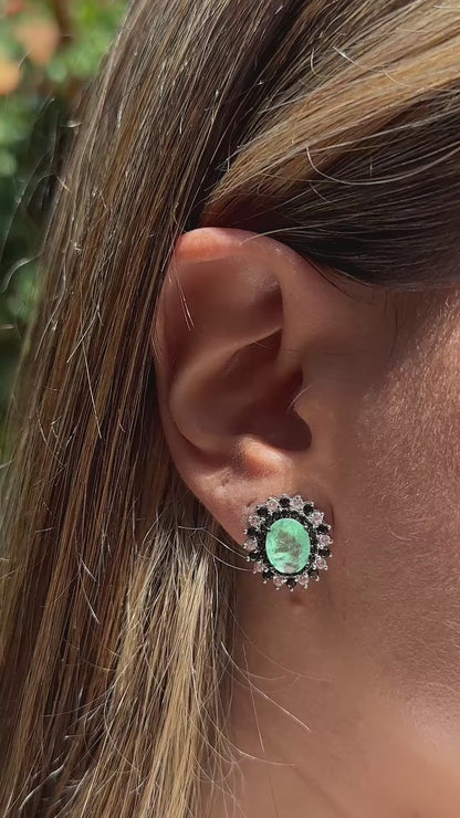 Colombian Emerald and Zirconia Dark and White Earrings