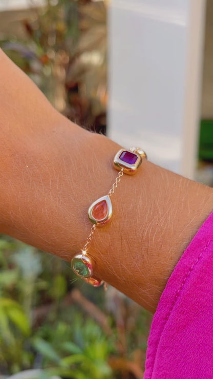 Drop, Square and Oval Shapes Bracelet with Amethyst, Light Tourmaline and Orange Tourmaline