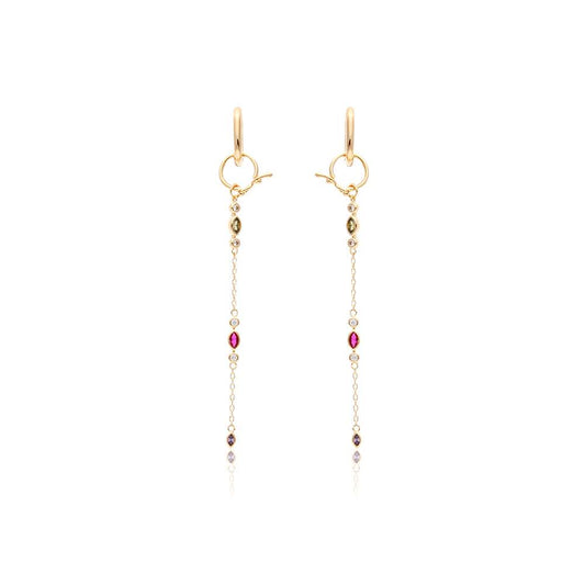 Hoop earring with hanging chain and colorful crystals