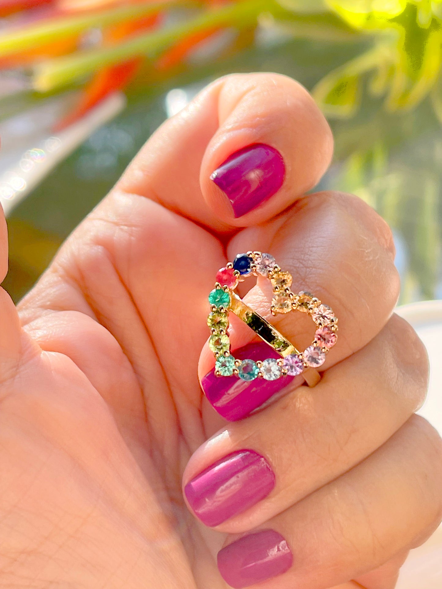 Hollow heart ring with colorful CZ