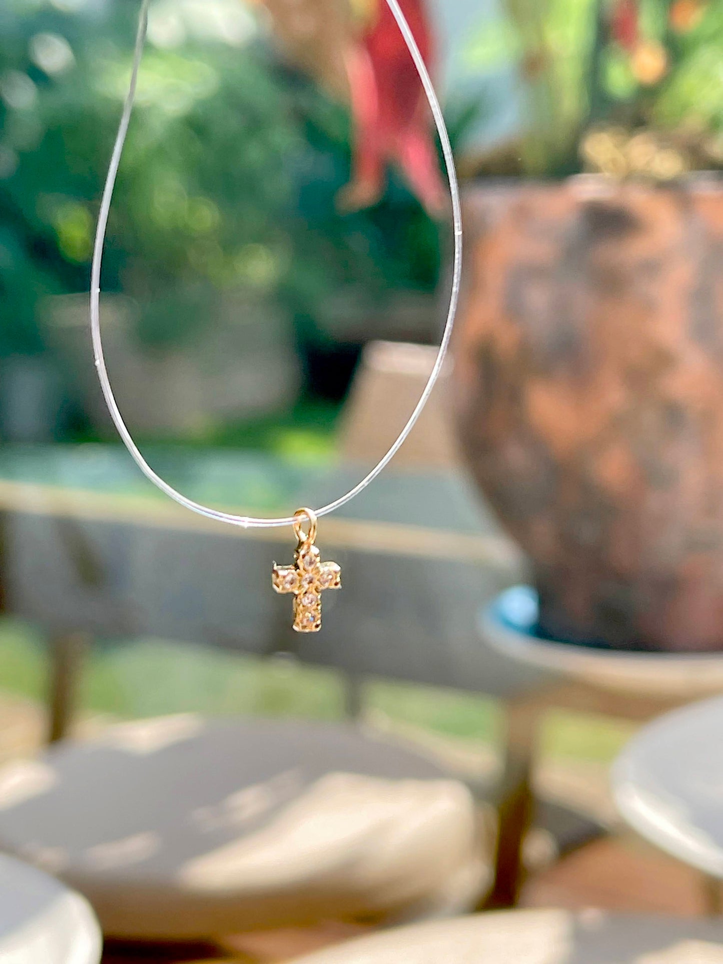 Nylon necklace with cubic zirconia and 18k gold plated cross pendant