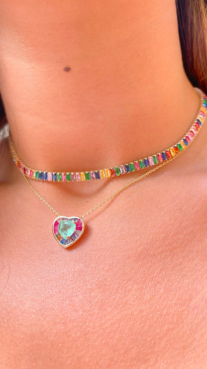 Fusion Colombian Emerald Pink tourmaline and Sapphire Heart Necklace