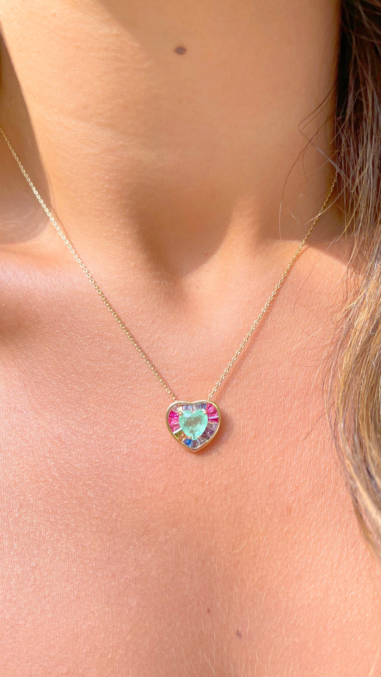 Fusion Colombian Emerald Pink tourmaline and Sapphire Heart Necklace