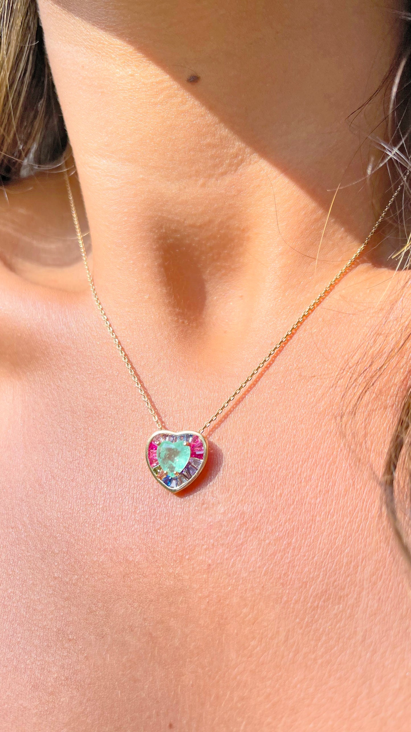 Fusion Colombian Emerald Pink tourmaline and Sapphire Heart Necklace