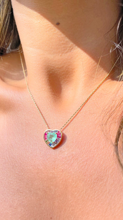 Fusion Colombian Emerald Pink tourmaline and Sapphire Heart Necklace