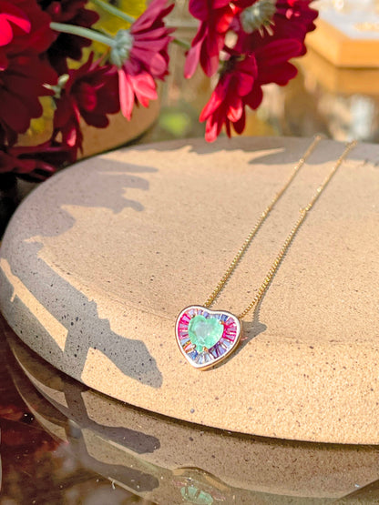 Fusion Colombian Emerald Pink tourmaline and Sapphire Heart Necklace