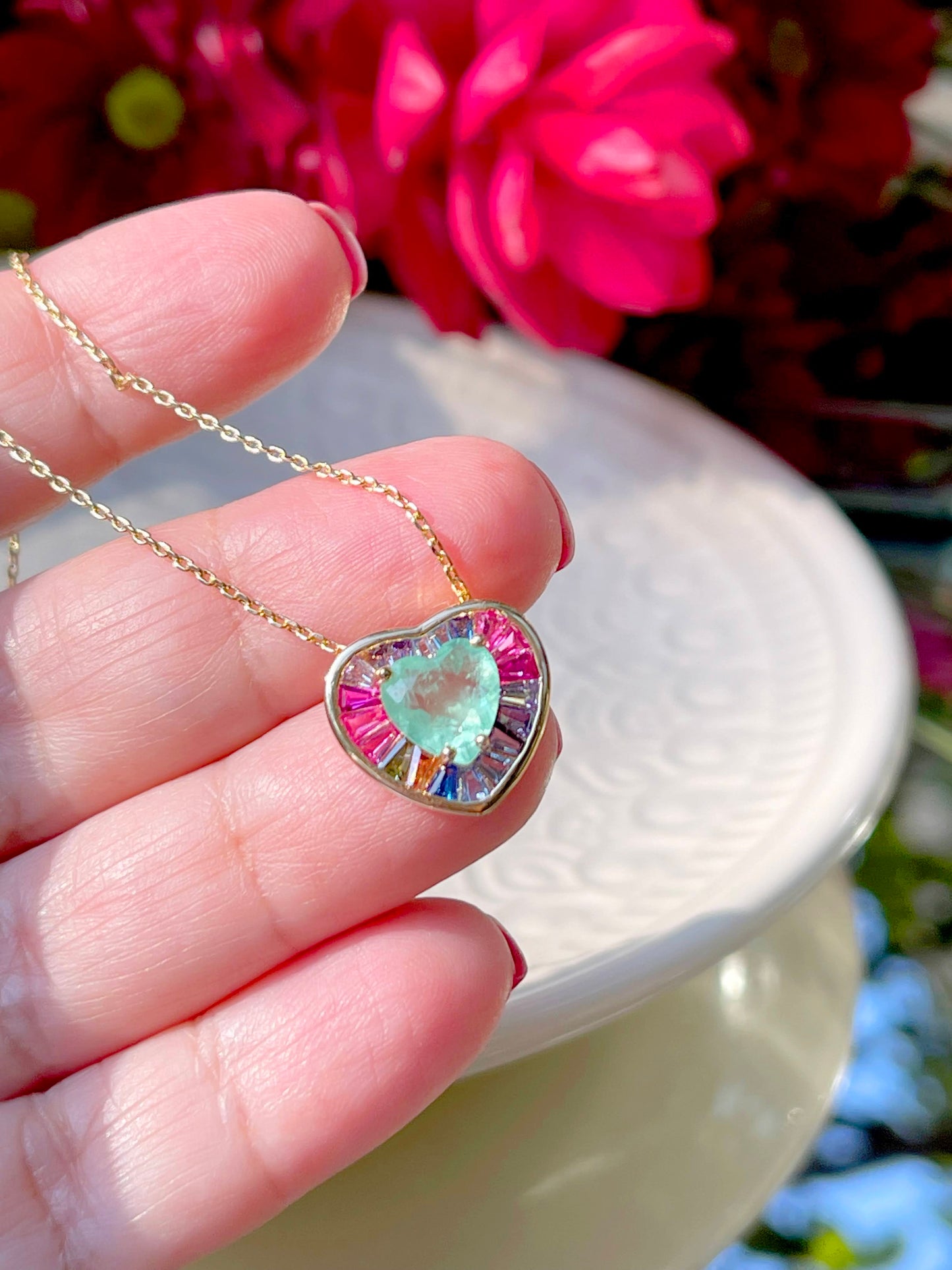 Fusion Colombian Emerald Pink tourmaline and Sapphire Heart Necklace