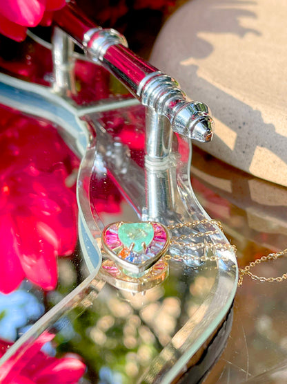 Fusion Colombian Emerald Pink tourmaline and Sapphire Heart Necklace