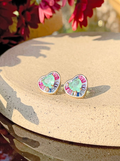 Fusion Colombian Emerald Pink tourmaline and Sapphire Heart Earrings