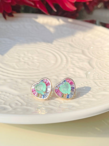 Fusion Colombian Emerald Pink tourmaline and Sapphire Heart Earrings