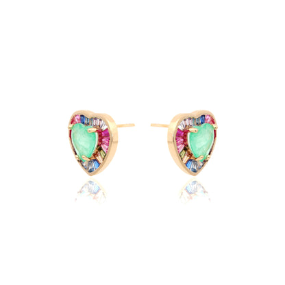 Fusion Colombian Emerald Pink tourmaline and Sapphire Heart Earrings