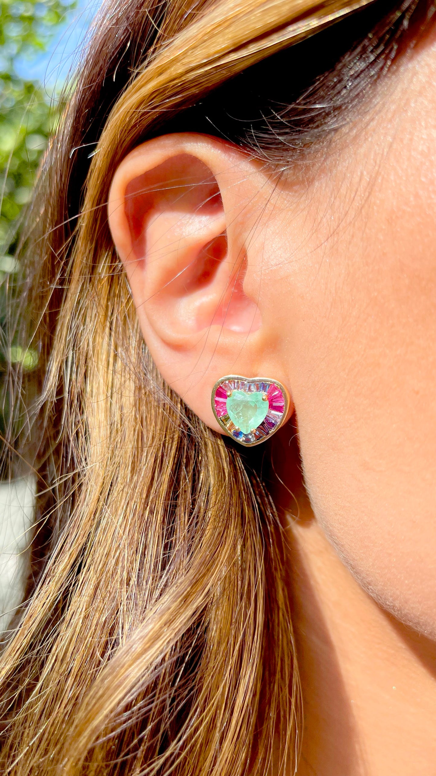 Fusion Colombian Emerald Pink tourmaline and Sapphire Heart Earrings