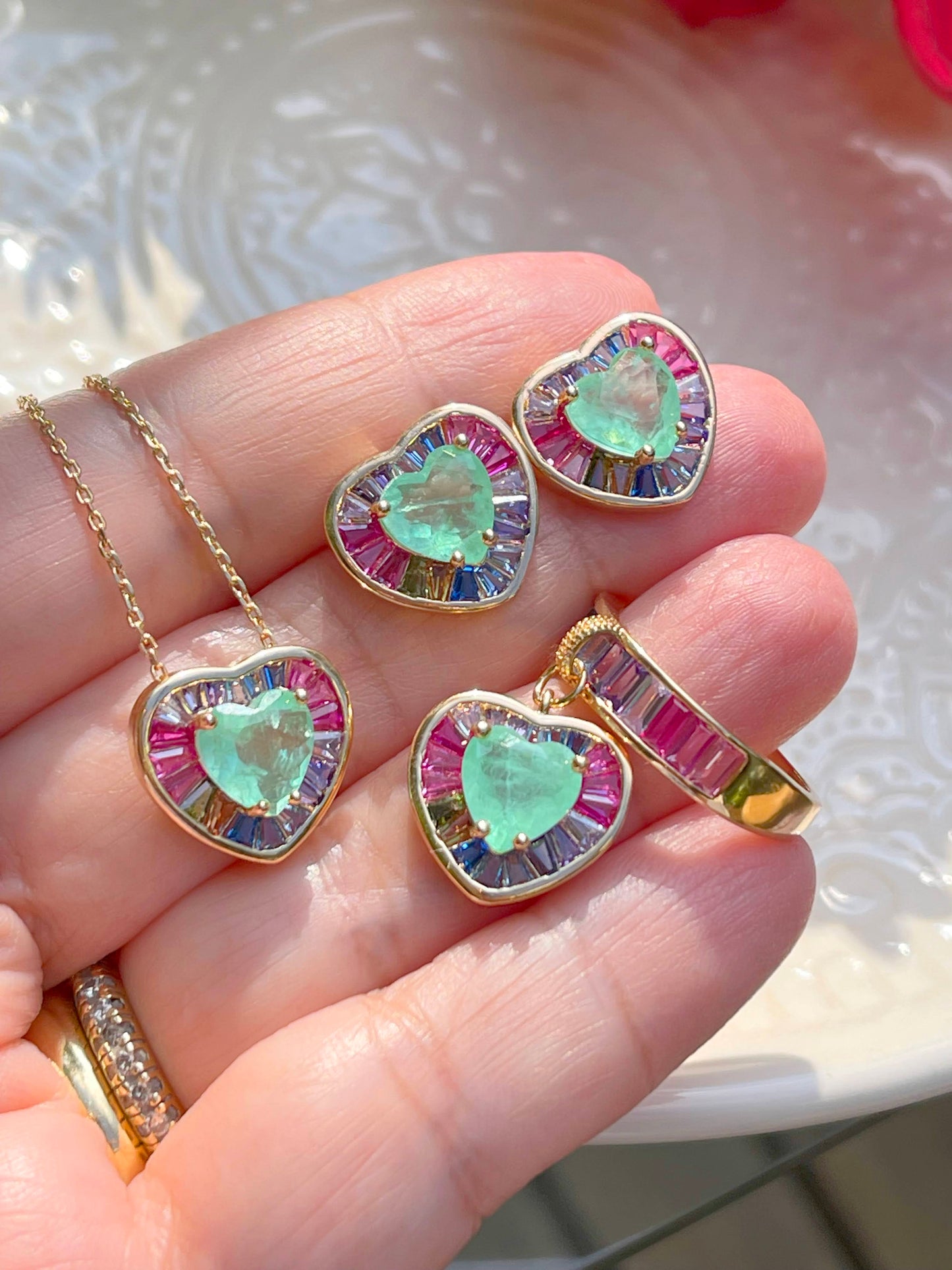 Fusion Colombian Emerald Pink tourmaline and Sapphire Heart Necklace