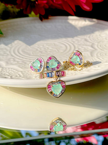 Fusion Colombian Emerald Pink tourmaline and Sapphire Heart Necklace