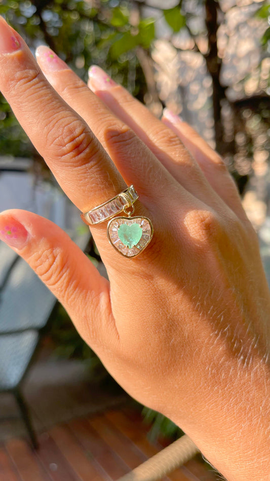 Colombian emerald fusion heart ring with cubic zirconia