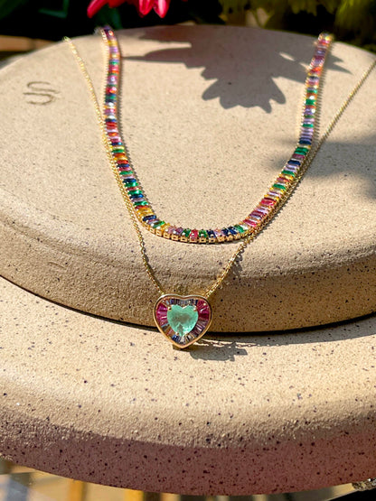 Fusion Colombian Emerald Pink tourmaline and Sapphire Heart Necklace