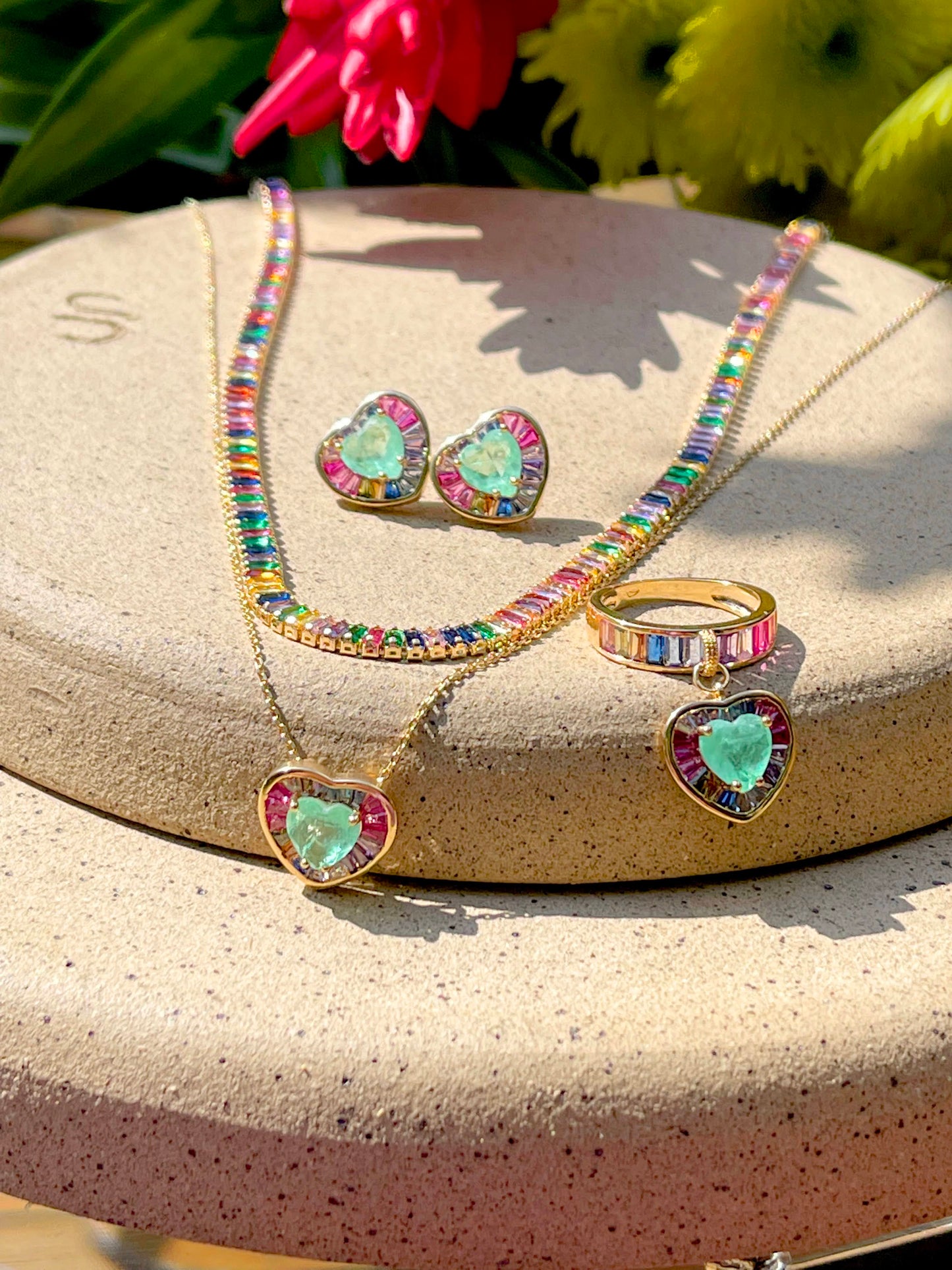 Fusion Colombian Emerald Pink tourmaline and Sapphire Heart Necklace