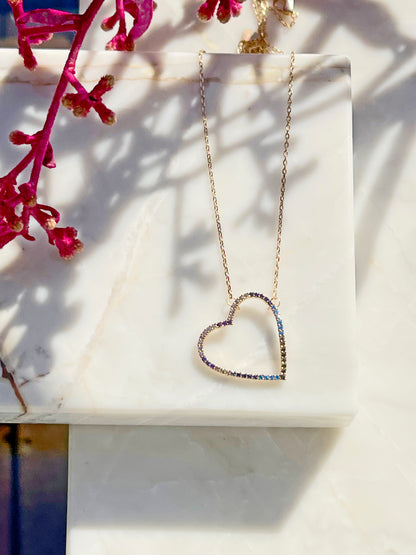 18K gold plated open heart necklace with colorful CZ