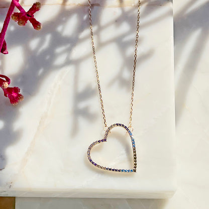 18K gold plated open heart necklace with colorful CZ