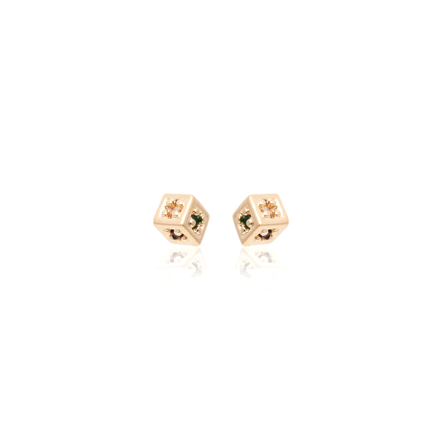 Cube shaped earrings with green CZ in 18K gold - Large