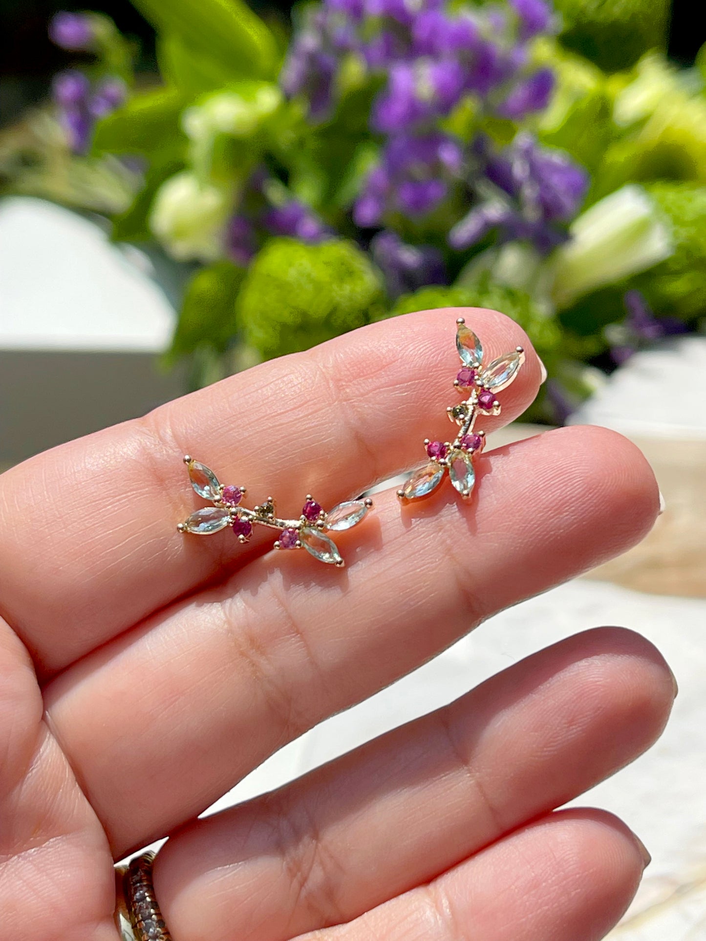 Amethyst crystal earring in the shape of a branch with colorful  CZ