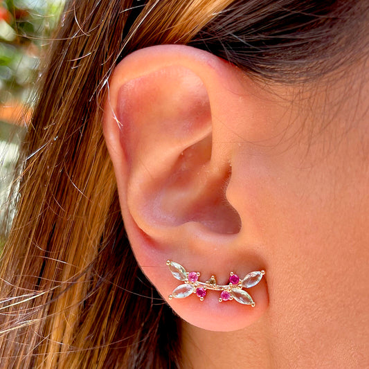 Amethyst crystal earring in the shape of a branch with colorful  CZ
