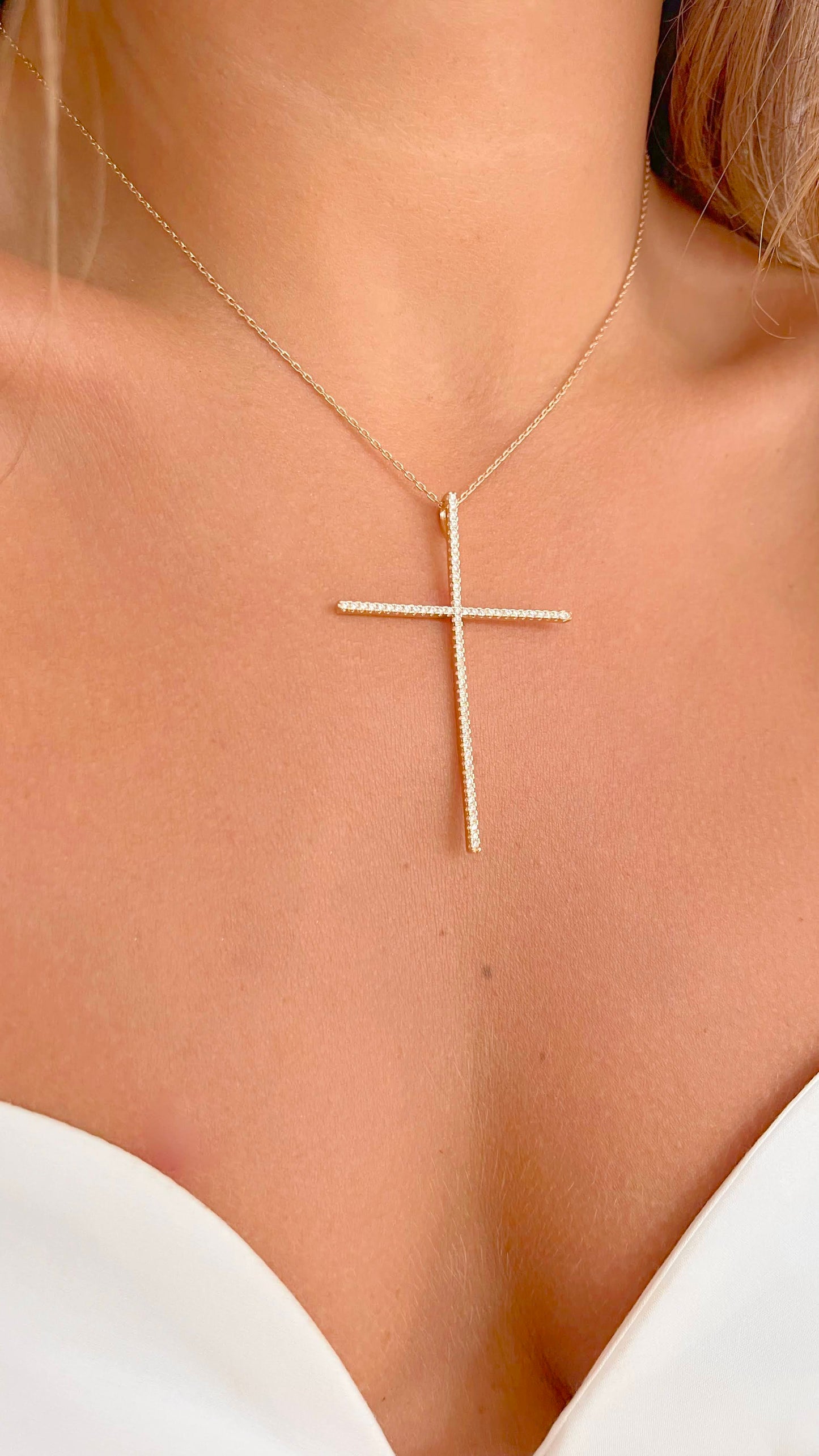 18K gold plated cross necklace with white CZ