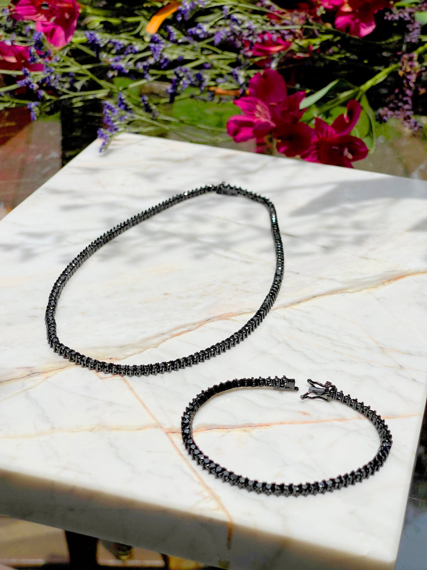 Dark rhodium plated riviera necklace with black zirconia
