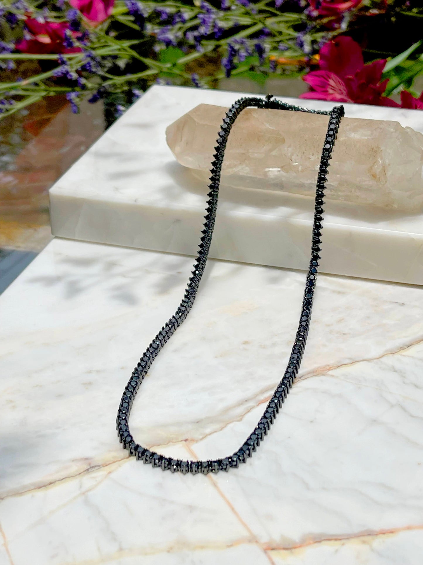 Dark rhodium plated riviera necklace with black zirconia