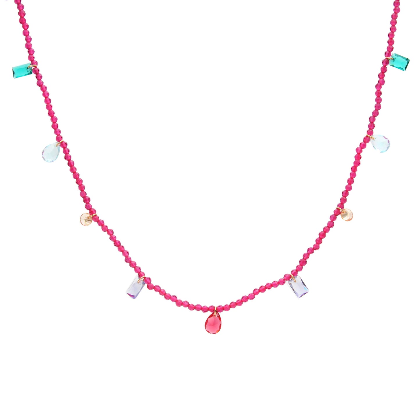 18K gold plated necklace with pink tourmaline and colorful pendants