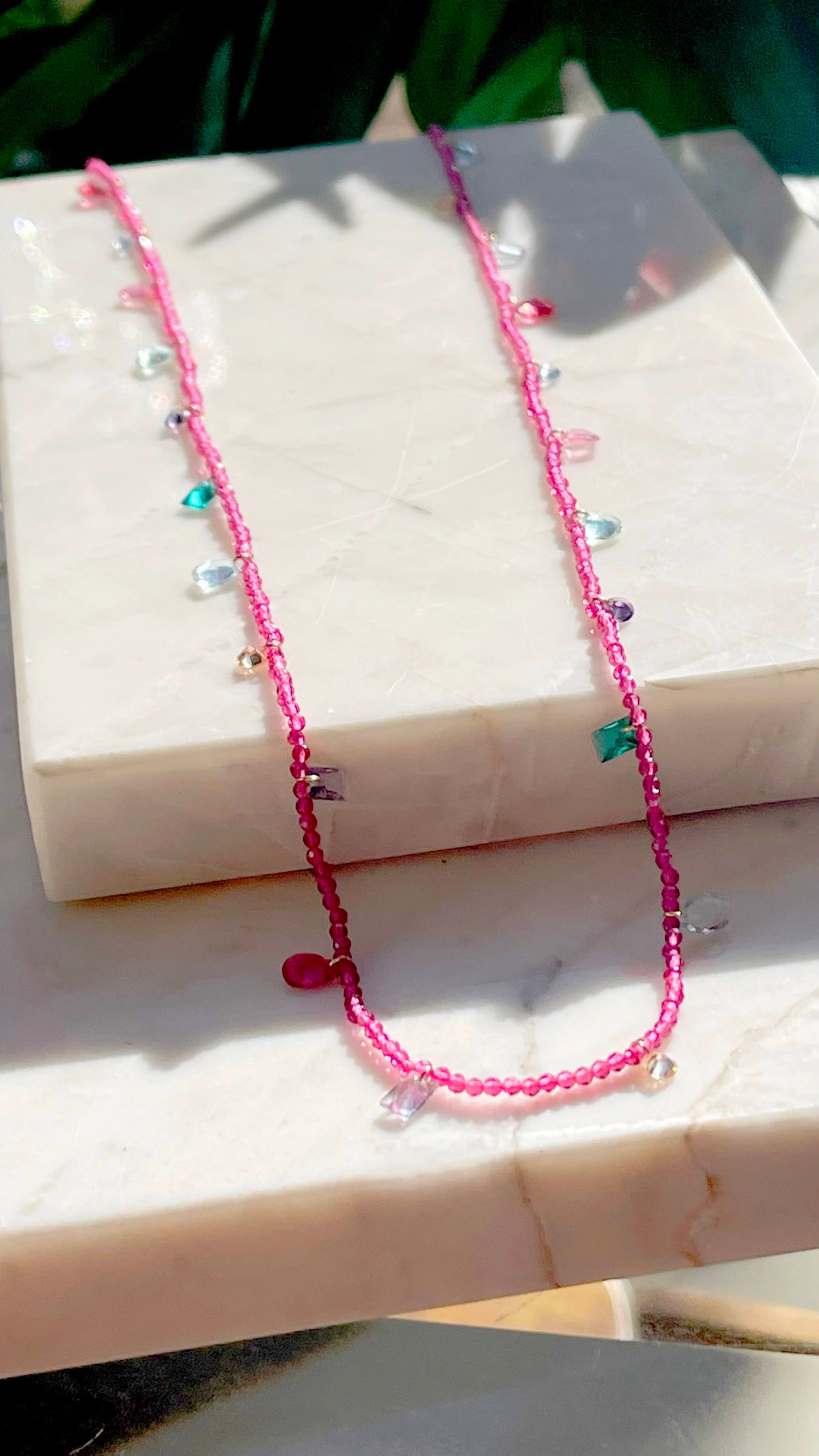 18K gold plated necklace with pink tourmaline and colorful pendants