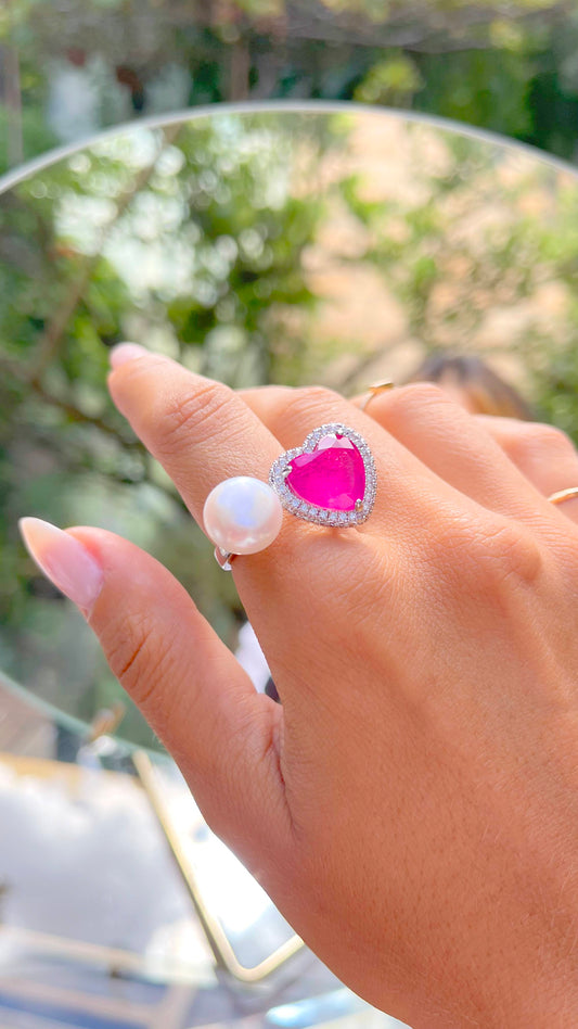 White heart plated ring with a pearl and a pink tourmaline fusion heart