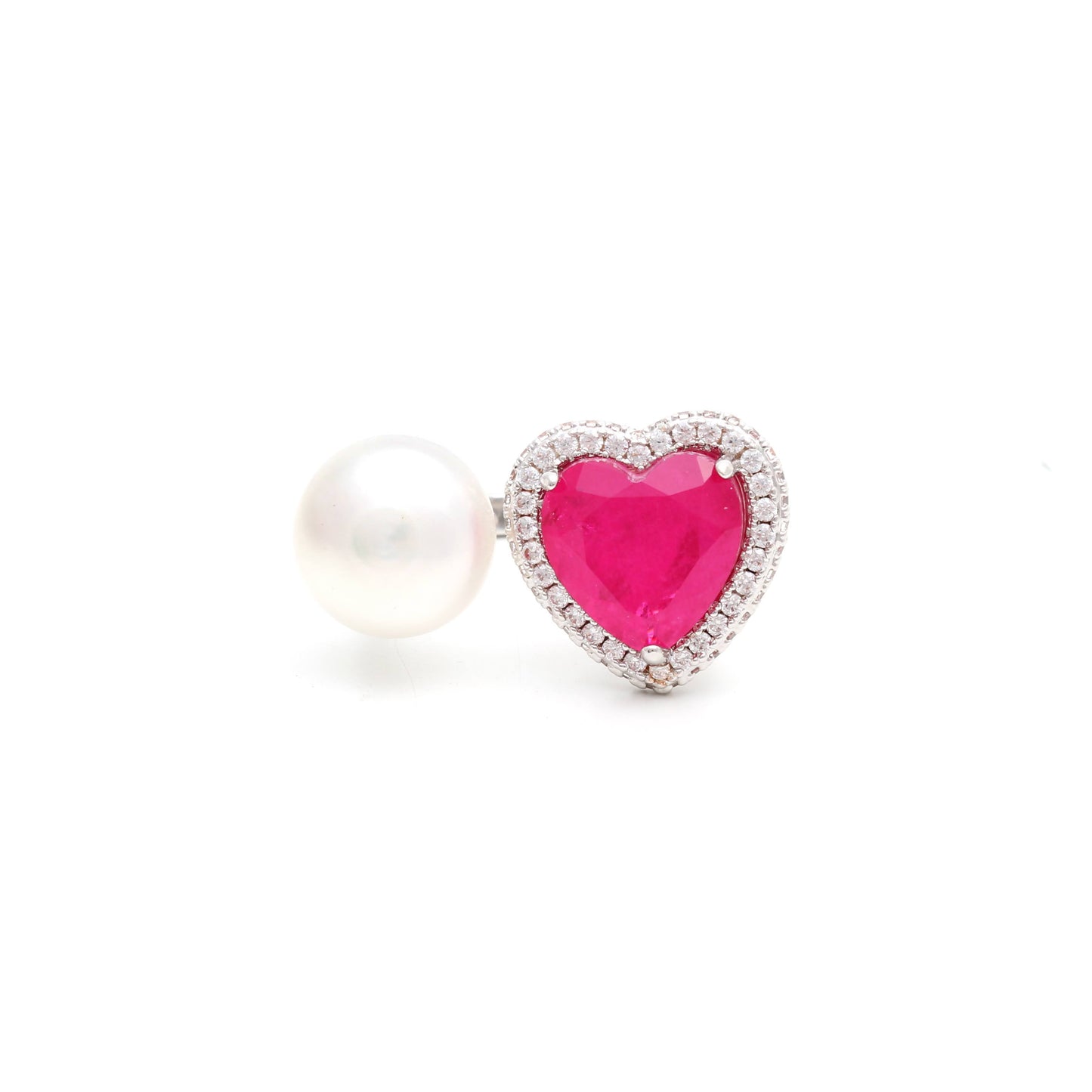 White heart plated ring with a pearl and a pink tourmaline fusion heart